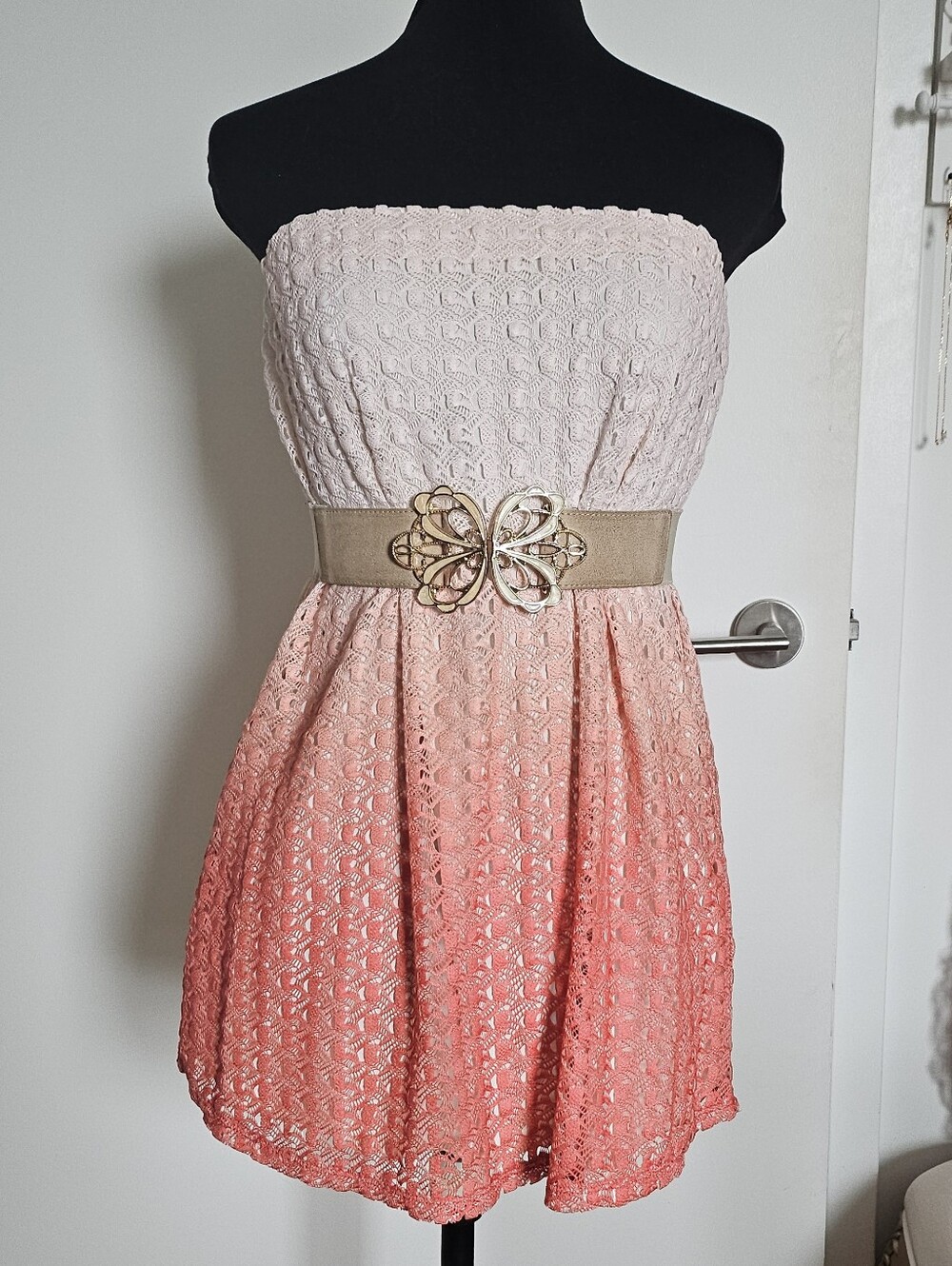Rienda Gyaru Japan Strapless Ombre Crochet Peachy Pink Lace Sundress